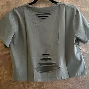 SweatyRocks Women's Distressed Crop Top - Green Ripped Short Sleeve Tee, Size L 3 thumbnail image